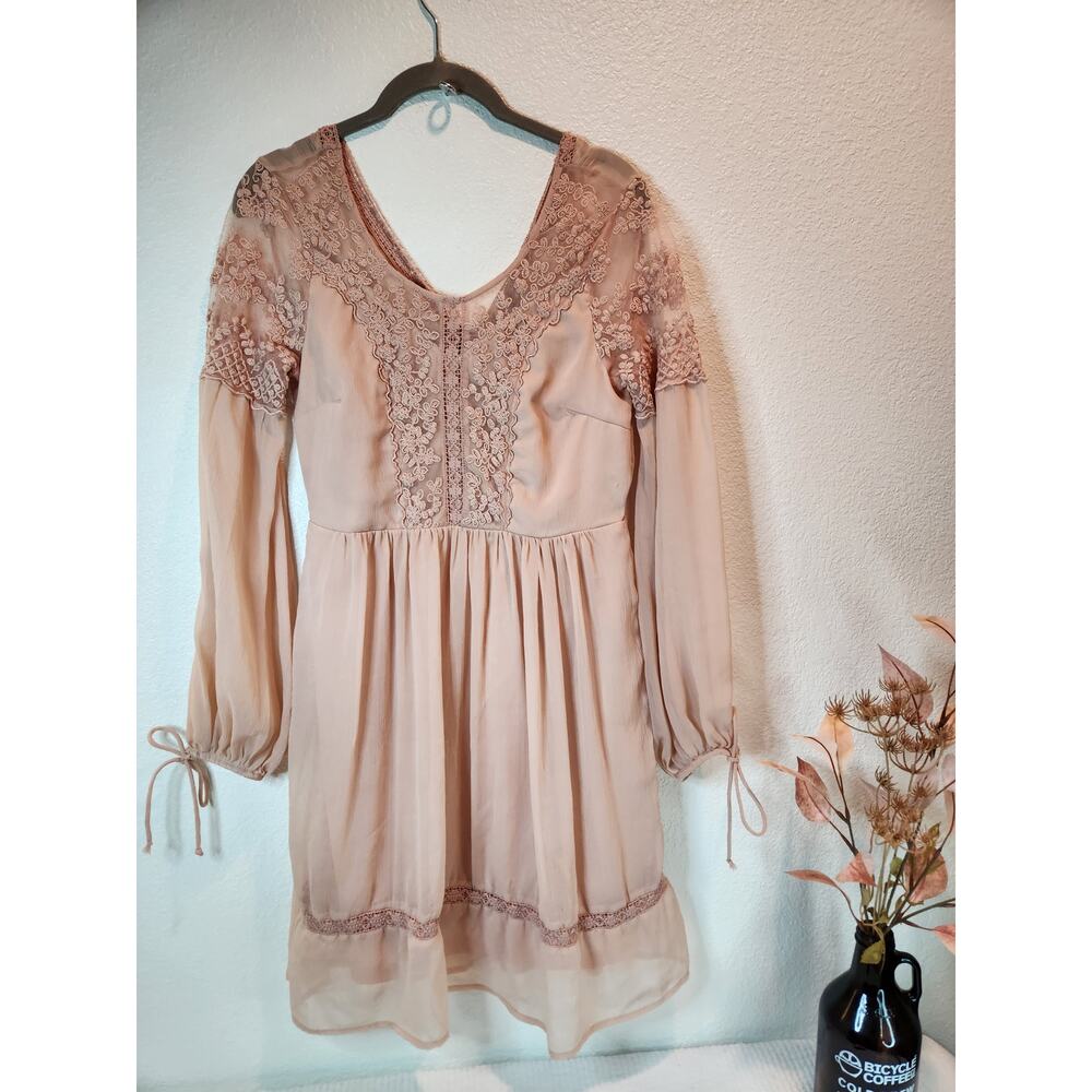 Vero Moda Modura Boho Lace‎ Dress S Beige Long Sleeve Sheer Romantic Flowy chic